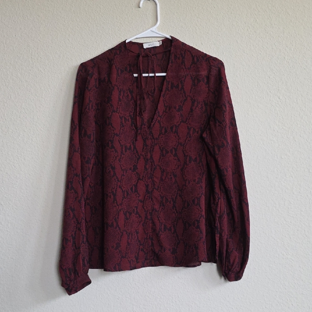 A.L.C. Burgundy Snake Print 100% Silk Blouse V-neck Ties Long Sleeve, Sz 6